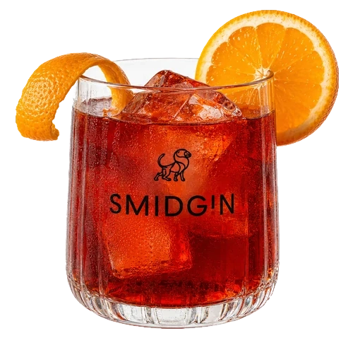 Negroni made with Smidgin, served over ice with an orange twist